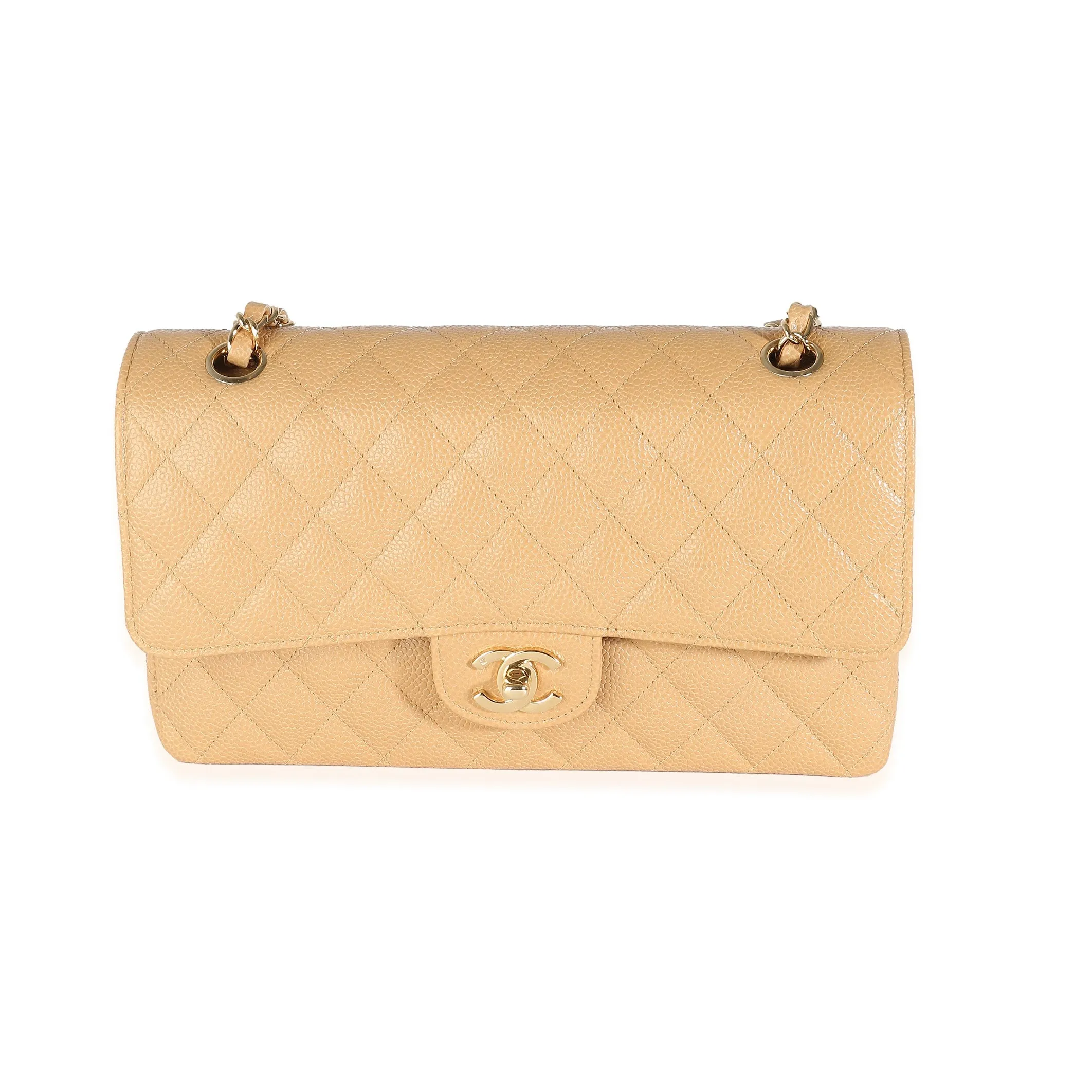 24K Beige Quilted Caviar Medium Double Classic Flap Bag