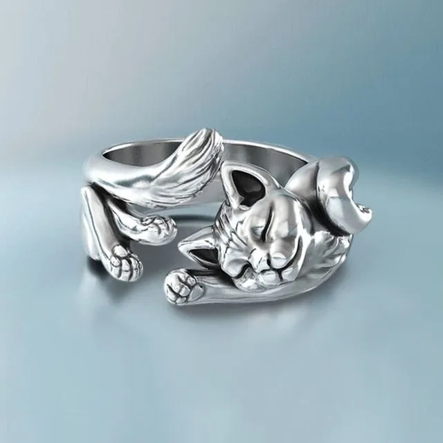 Animal Jewelry Cute Fortune Cat Opening Rings for Women in Silver Color