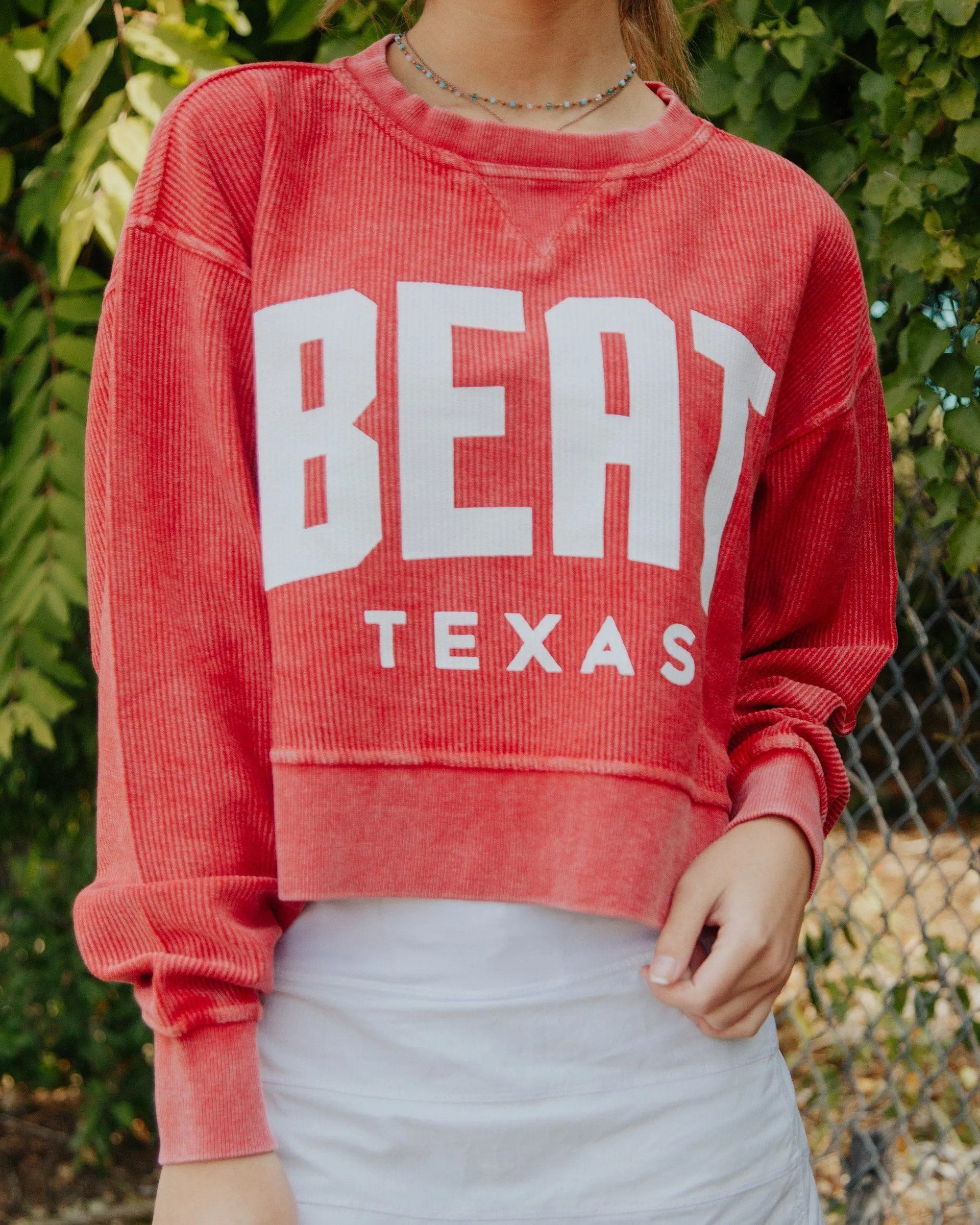 Beat Texas Gault Crimson Corded Crew Cropped Sweatshirt