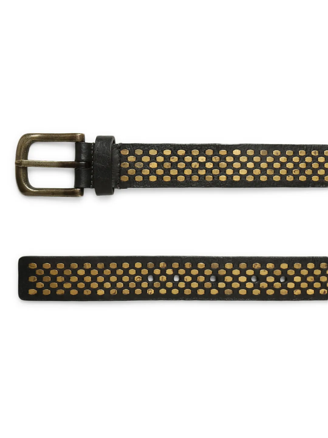 Black Genuine Leather Belt With Golden Catcher Rivet Design