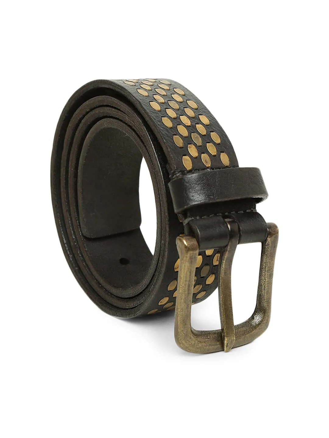 Black Genuine Leather Belt With Golden Catcher Rivet Design