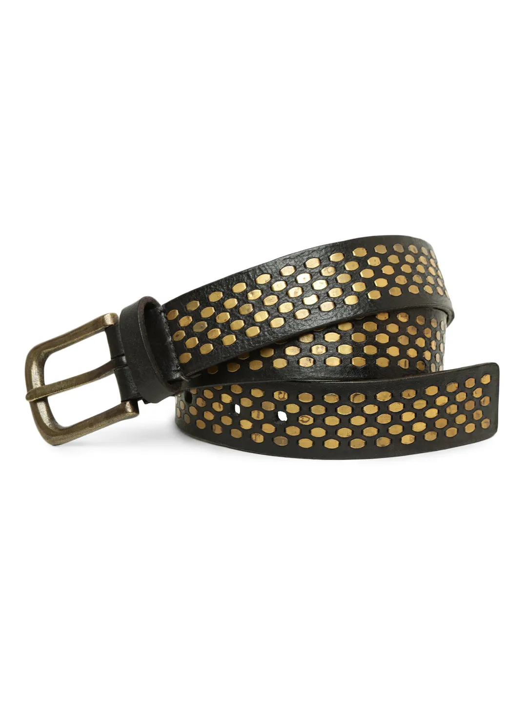 Black Genuine Leather Belt With Golden Catcher Rivet Design