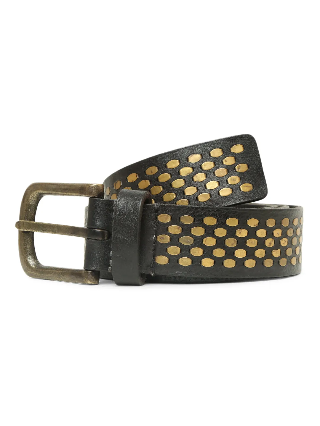 Black Genuine Leather Belt With Golden Catcher Rivet Design