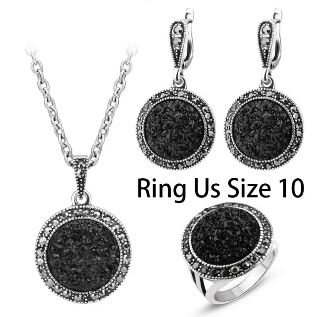 Bohemia Jewelry 4pcs/Lot Black Broken Stone Jewelry Set for a Friend with Zircon in Silver Color