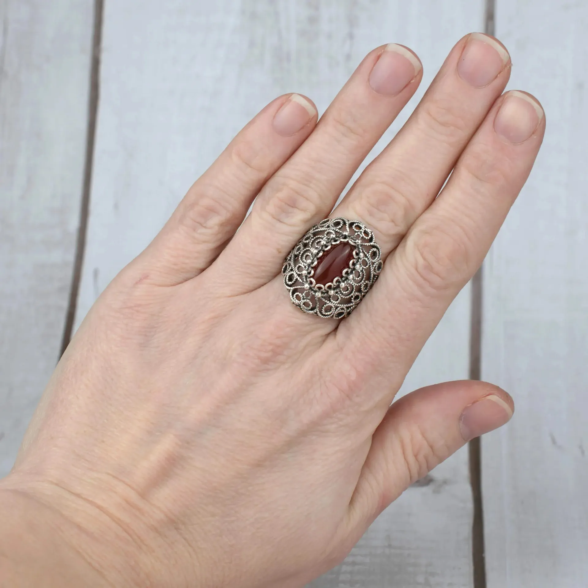 Carnelian Gemstone Silver Ring - Filigree Art Lace Detail, Carnelian Gemstone, Handcrafted Elegance, Unique Design Ring.