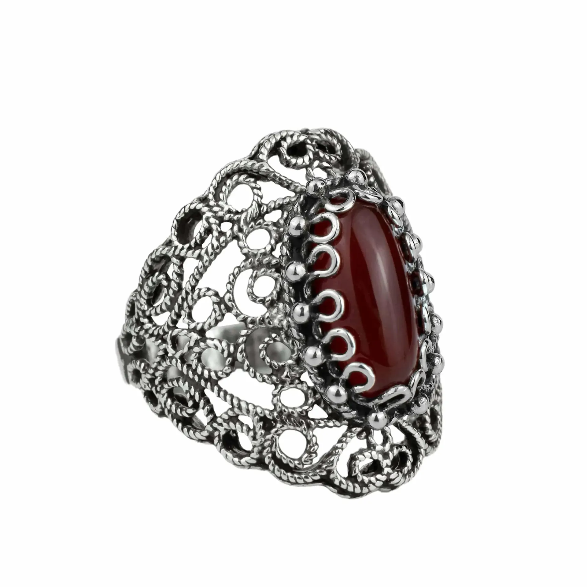 Carnelian Gemstone Silver Ring - Filigree Art Lace Detail, Carnelian Gemstone, Handcrafted Elegance, Unique Design Ring.