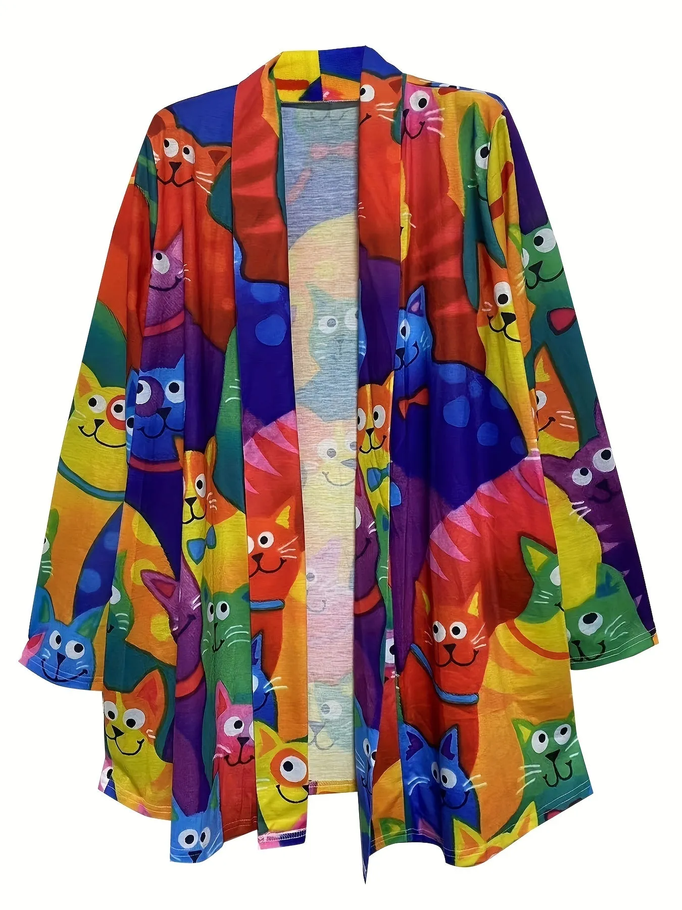 Cartoon Cat Print Plus Size Open Front Cardigan