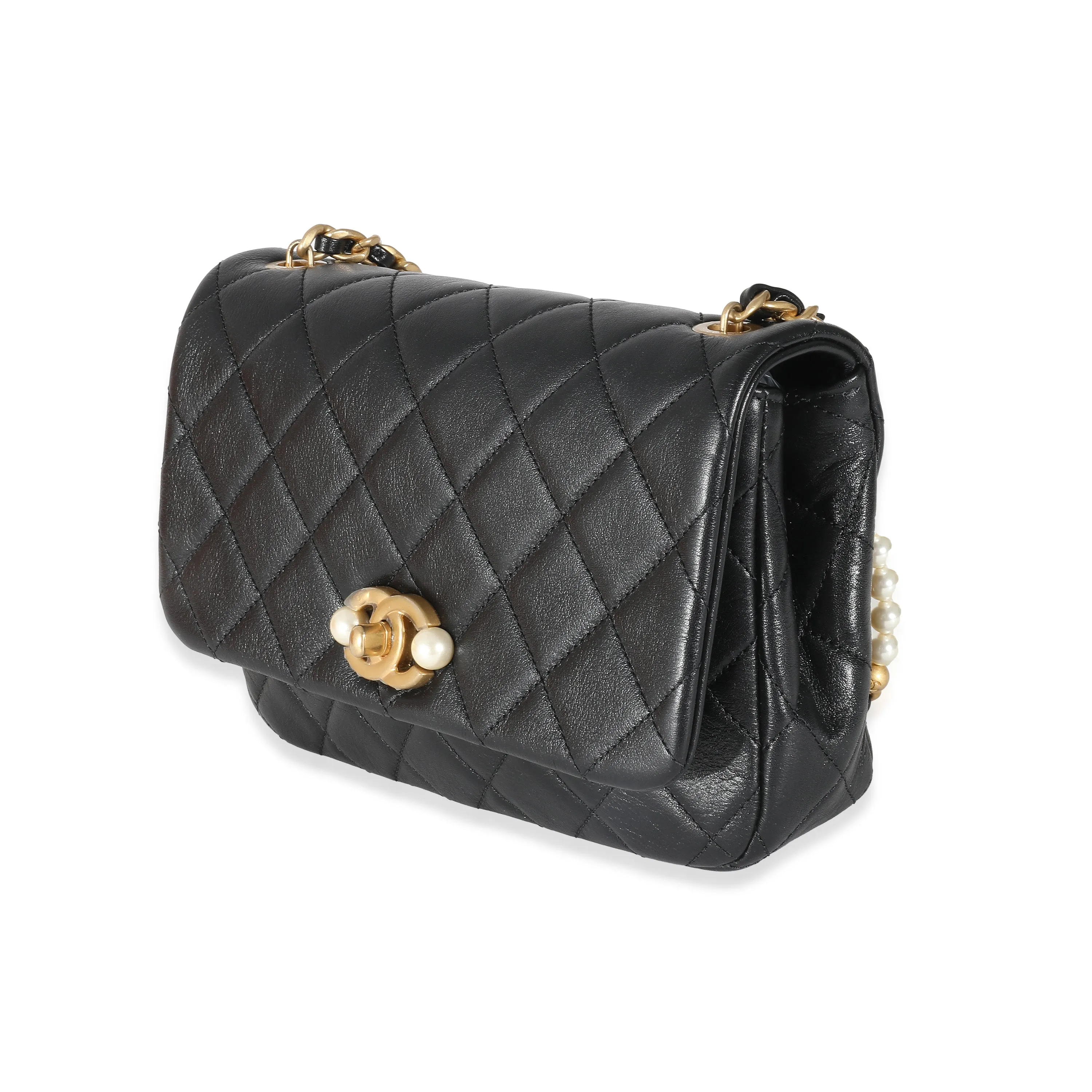 Chanel Black Glazed Quilted Calfskin Pearl Side Small Flap Bag