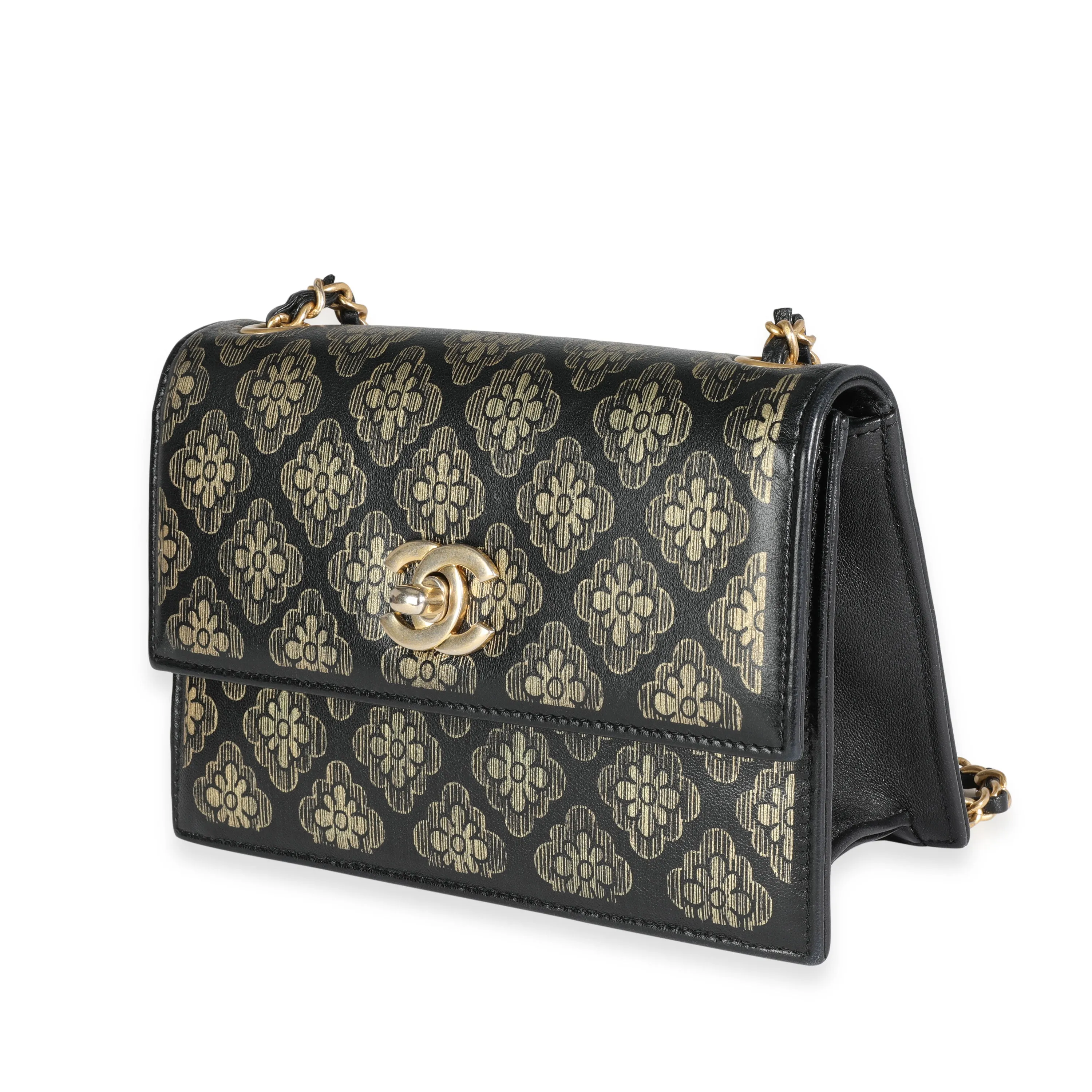 Chanel Black Leather & Gold Metallic Camellia Print Mini Flap Bag