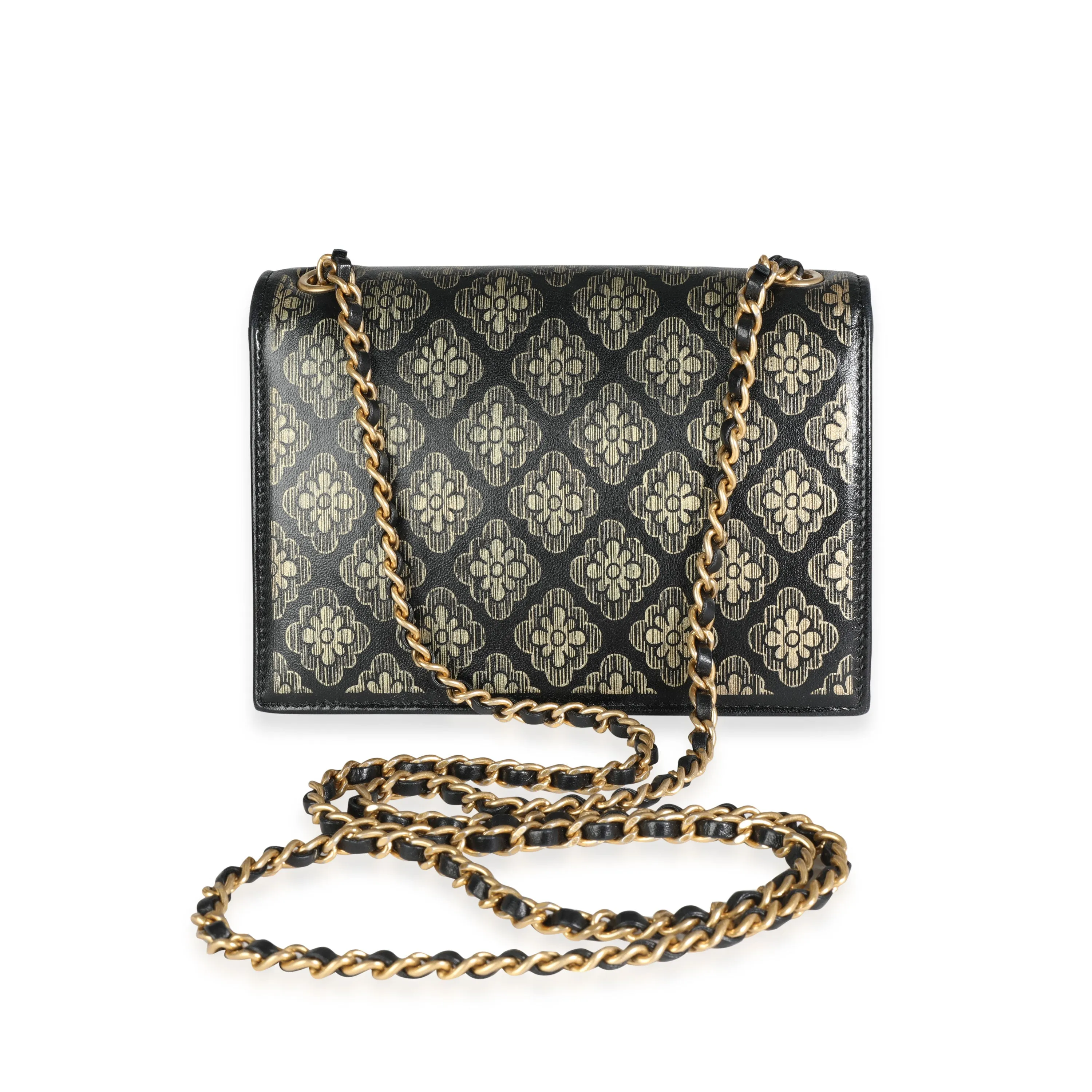 Chanel Black Leather & Gold Metallic Camellia Print Mini Flap Bag