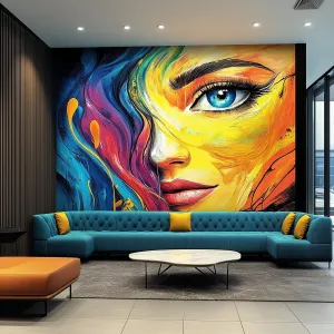 Colorful Abstract Woman's Face Wallpaper Decal | Bold Rainbow Wall Mural Sticker | Large Vinyl Wall Art for Living Room, Office, Hotel Decor