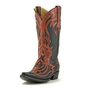 Corral Men's Black With Cognac Laser Overlay Snip Toe Cowboy Boots - G1090