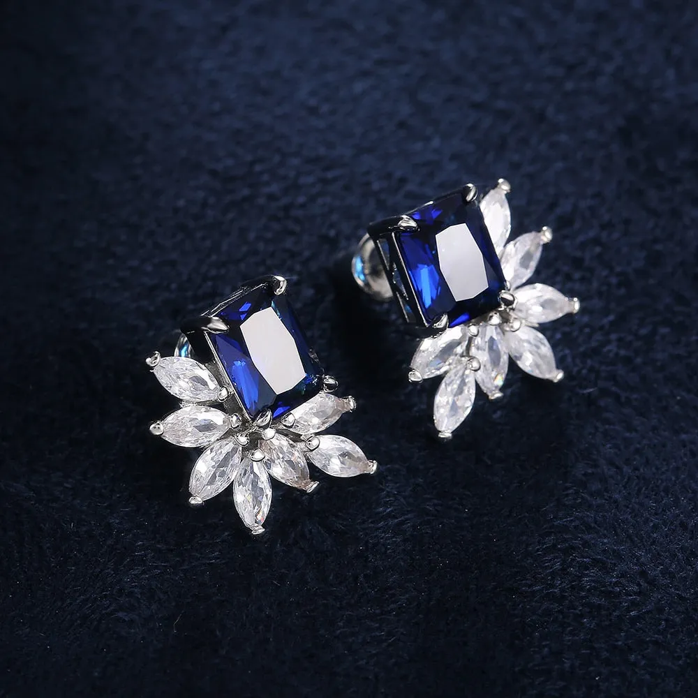 Dainty Cubic Zirconia Flower Stud Earrings for Women with Radiant cut Stone