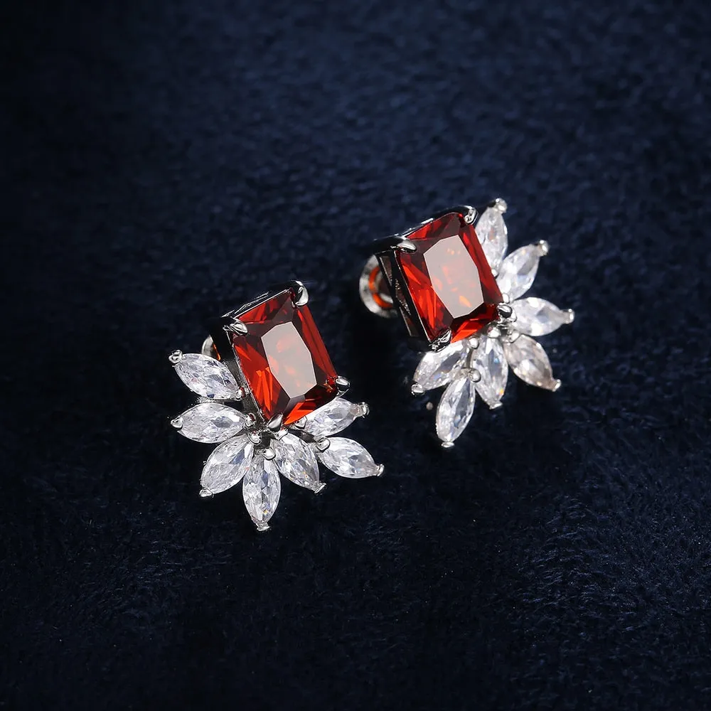 Dainty Cubic Zirconia Flower Stud Earrings for Women with Radiant cut Stone