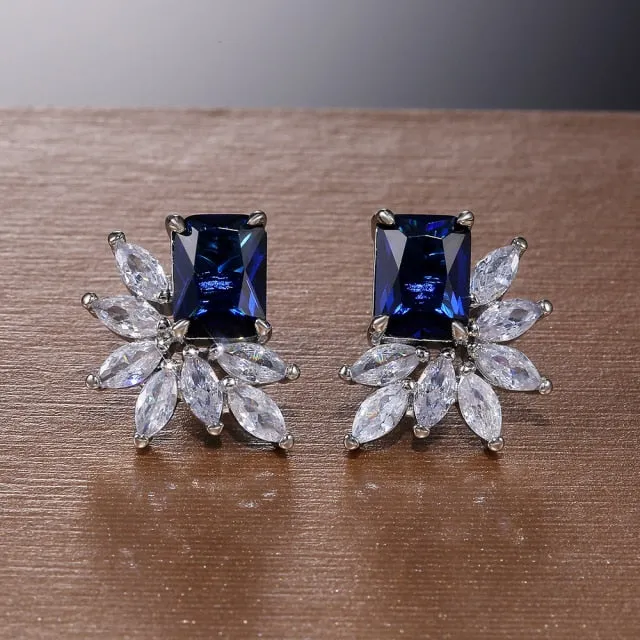 Dainty Cubic Zirconia Flower Stud Earrings for Women with Radiant cut Stone