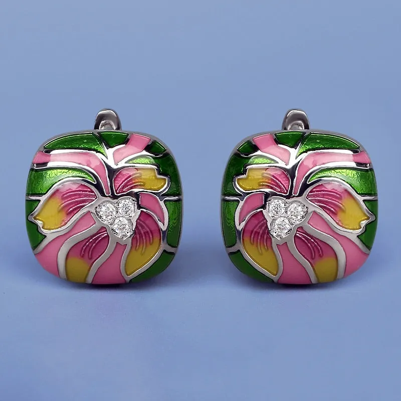 Ethnic Style Lotus Flower Enamel Hoop Earrings for Women in 925 Sterling Silver