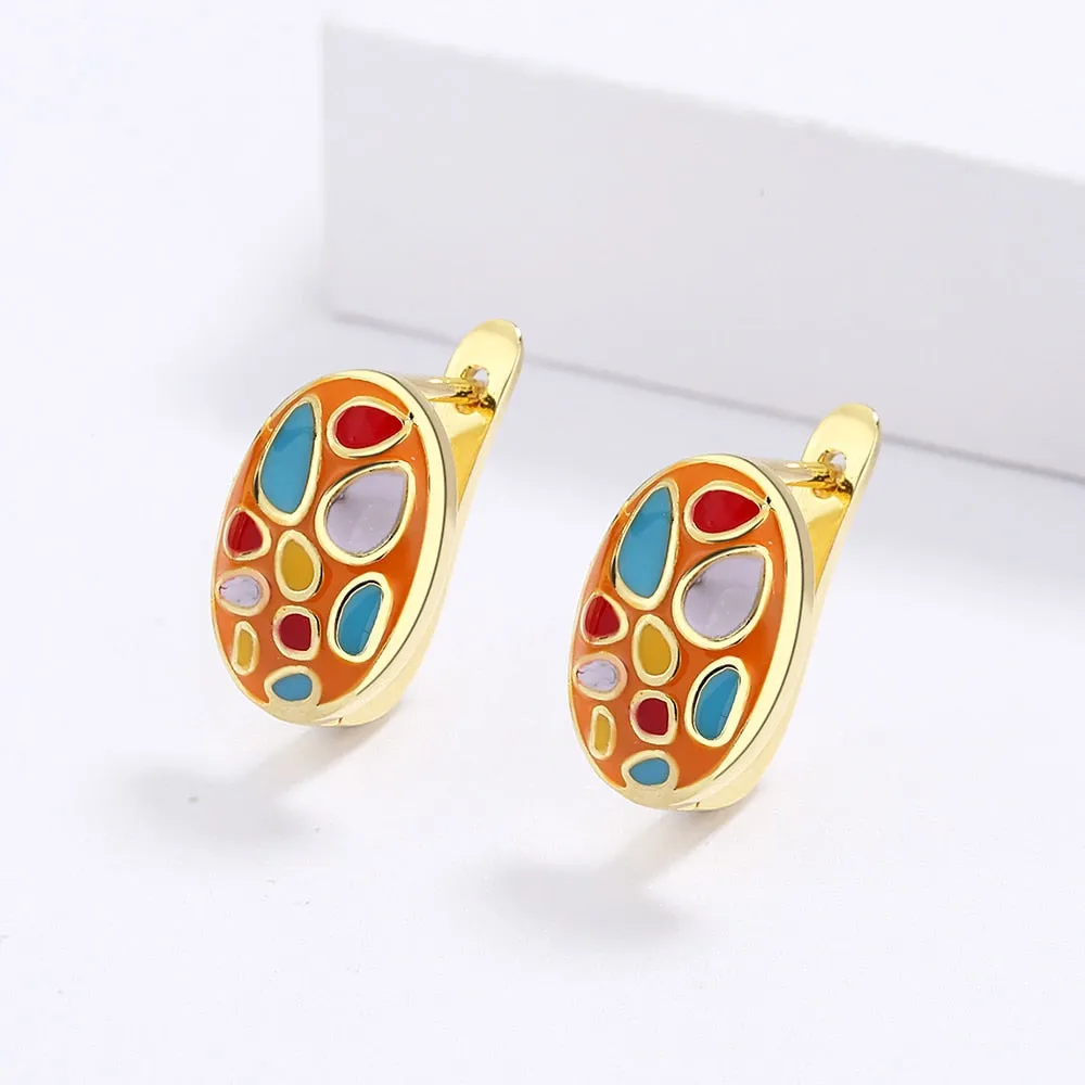 Fashion Jewelry Color Stones Enamel Hoop Earrings for Women in Gold Color