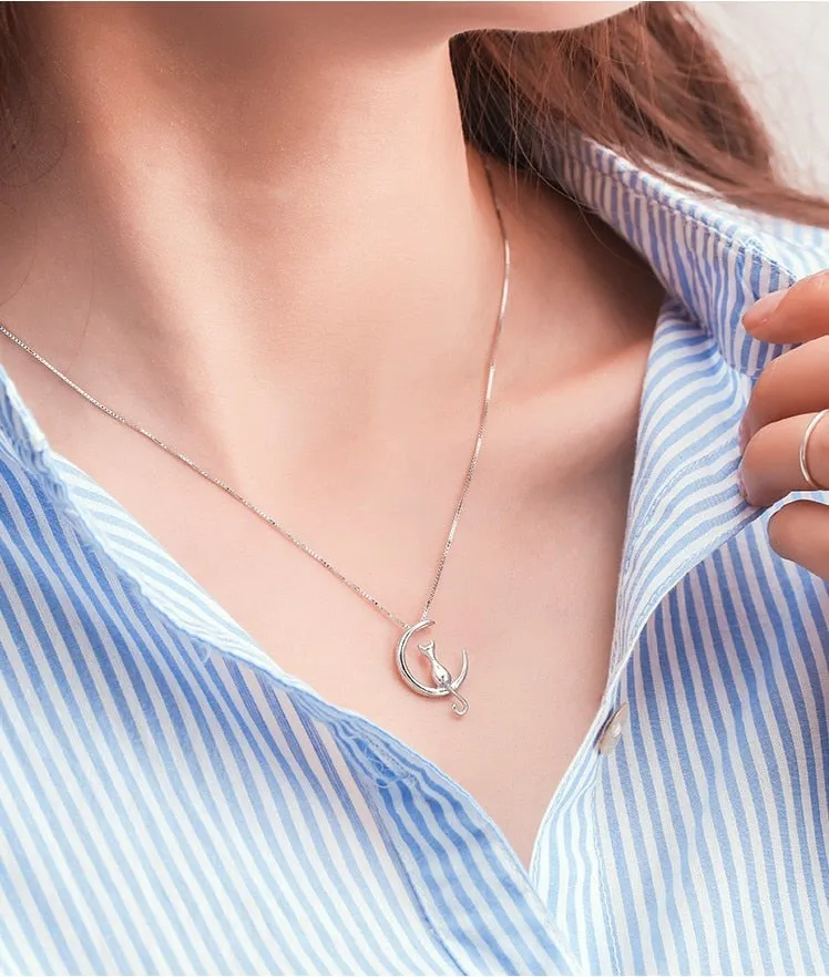 Fashion Jewelry Moon Cat Necklace for Women in 925 Sterling Silver