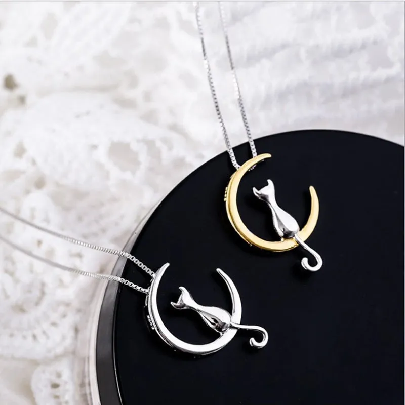 Fashion Jewelry Moon Cat Necklace for Women in 925 Sterling Silver