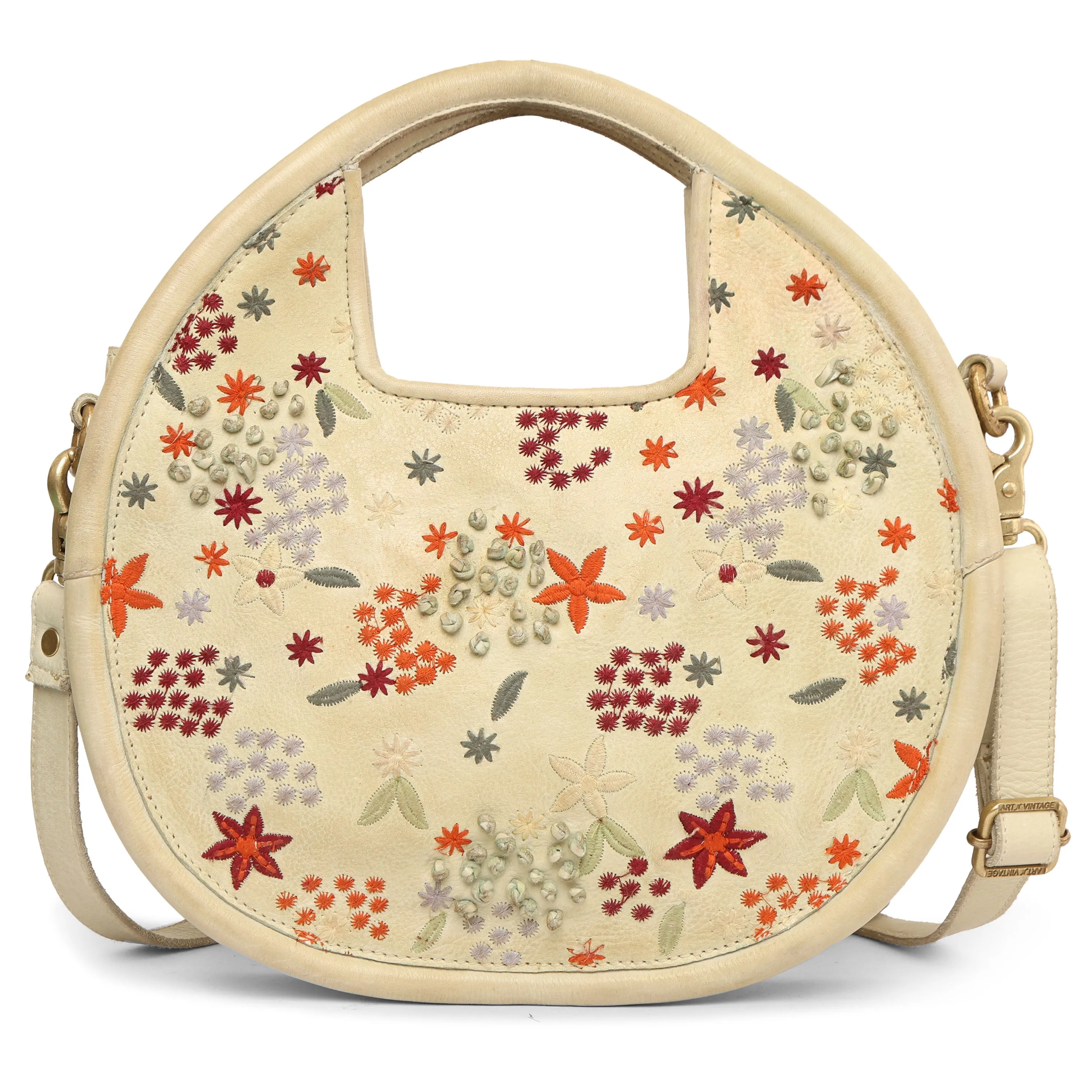 Floral Bliss: Round L.Green Leather Handbag with Flower Embroidery