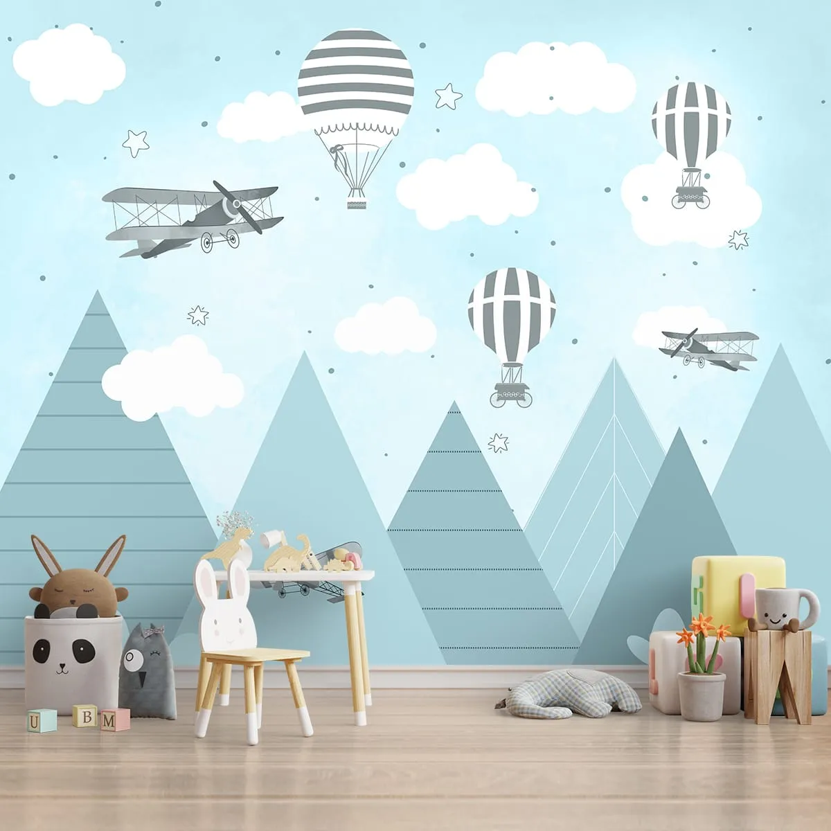 Gliders And Hot Air Balloons Wallpaper, Customised, Blue