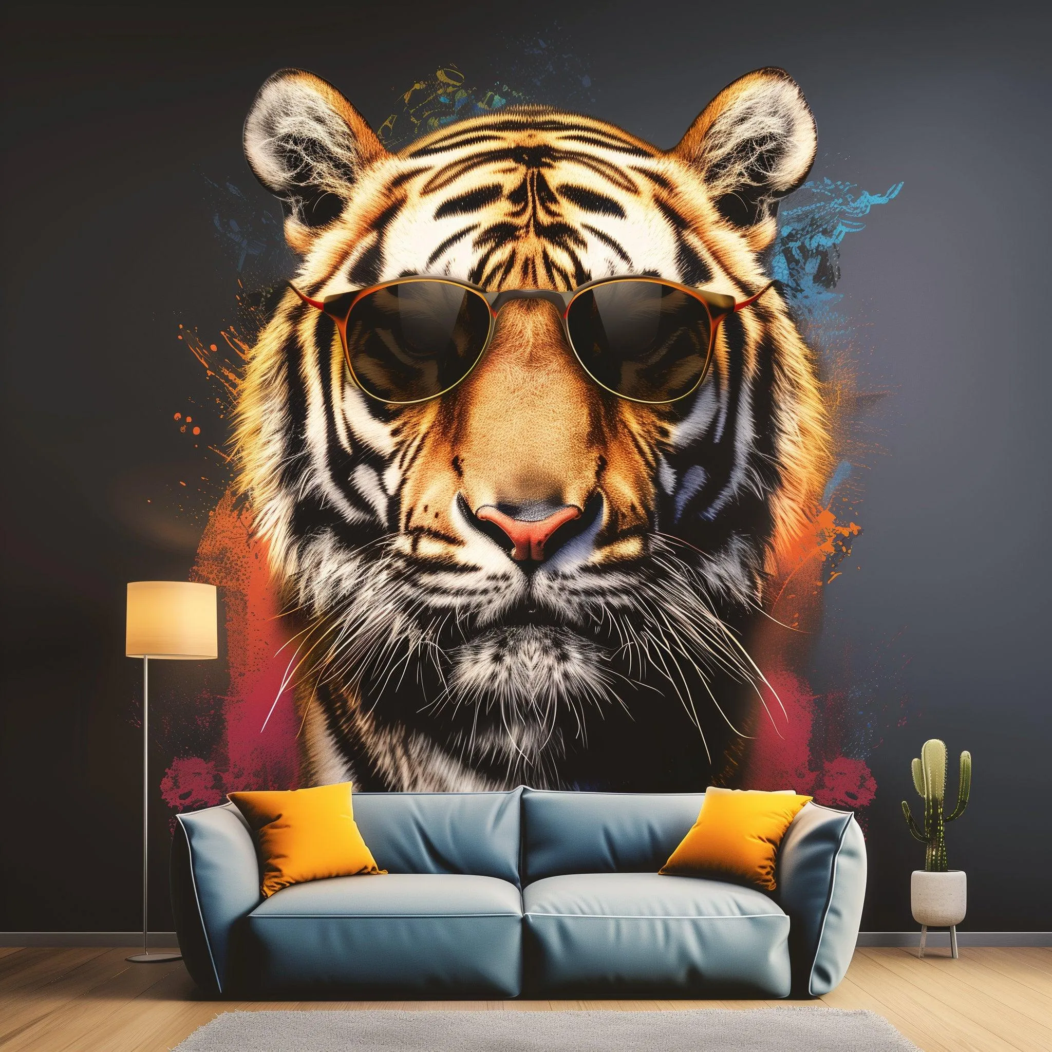 Graffiti Tiger Wall Sticker with Sunglasses | Bold and Vibrant Animal Art Decal | Modern Urban Home Decor | Predator Living Room Wall Art