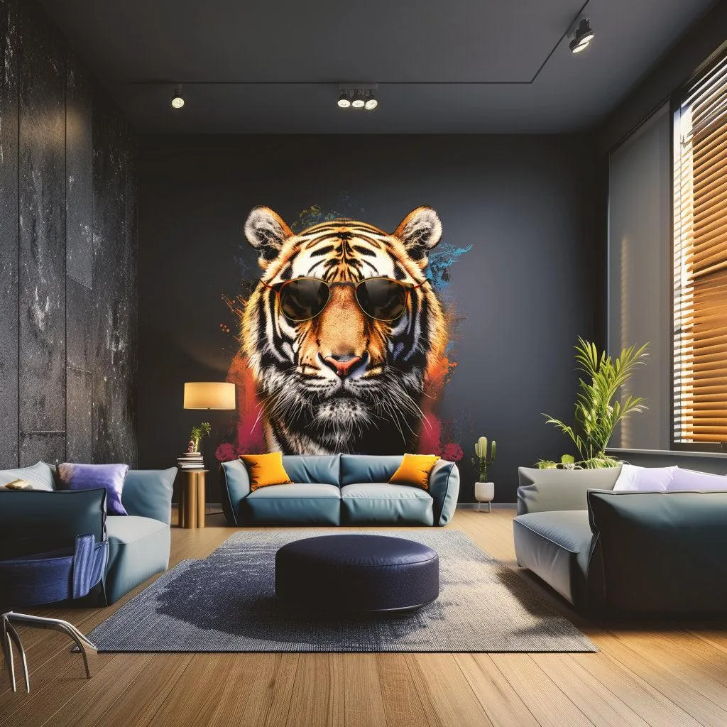 Graffiti Tiger Wall Sticker with Sunglasses | Bold and Vibrant Animal Art Decal | Modern Urban Home Decor | Predator Living Room Wall Art