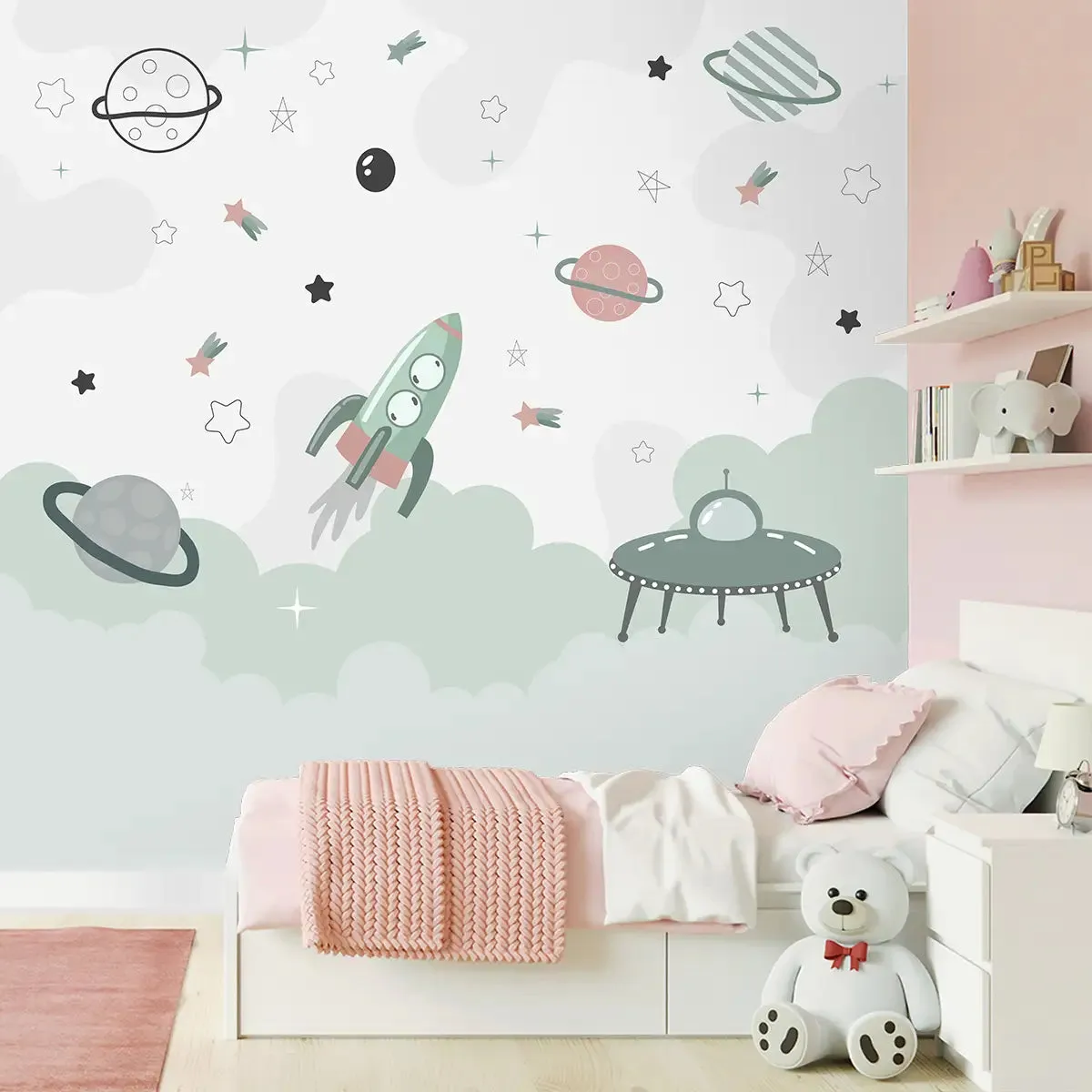 Green and Pink Space Theme Children Wallpaper, Customized