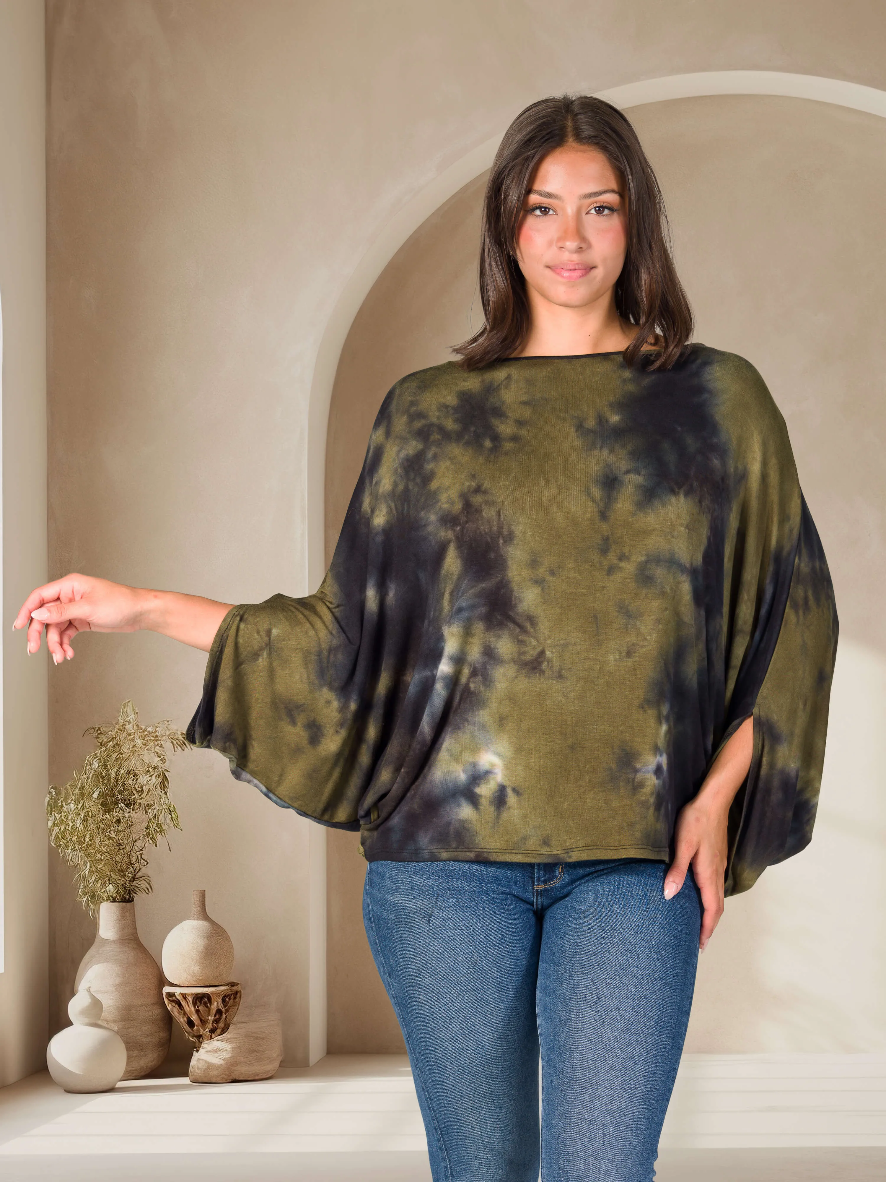 Green Tie Dye Batwing Sleeve Relaxed Fit Top