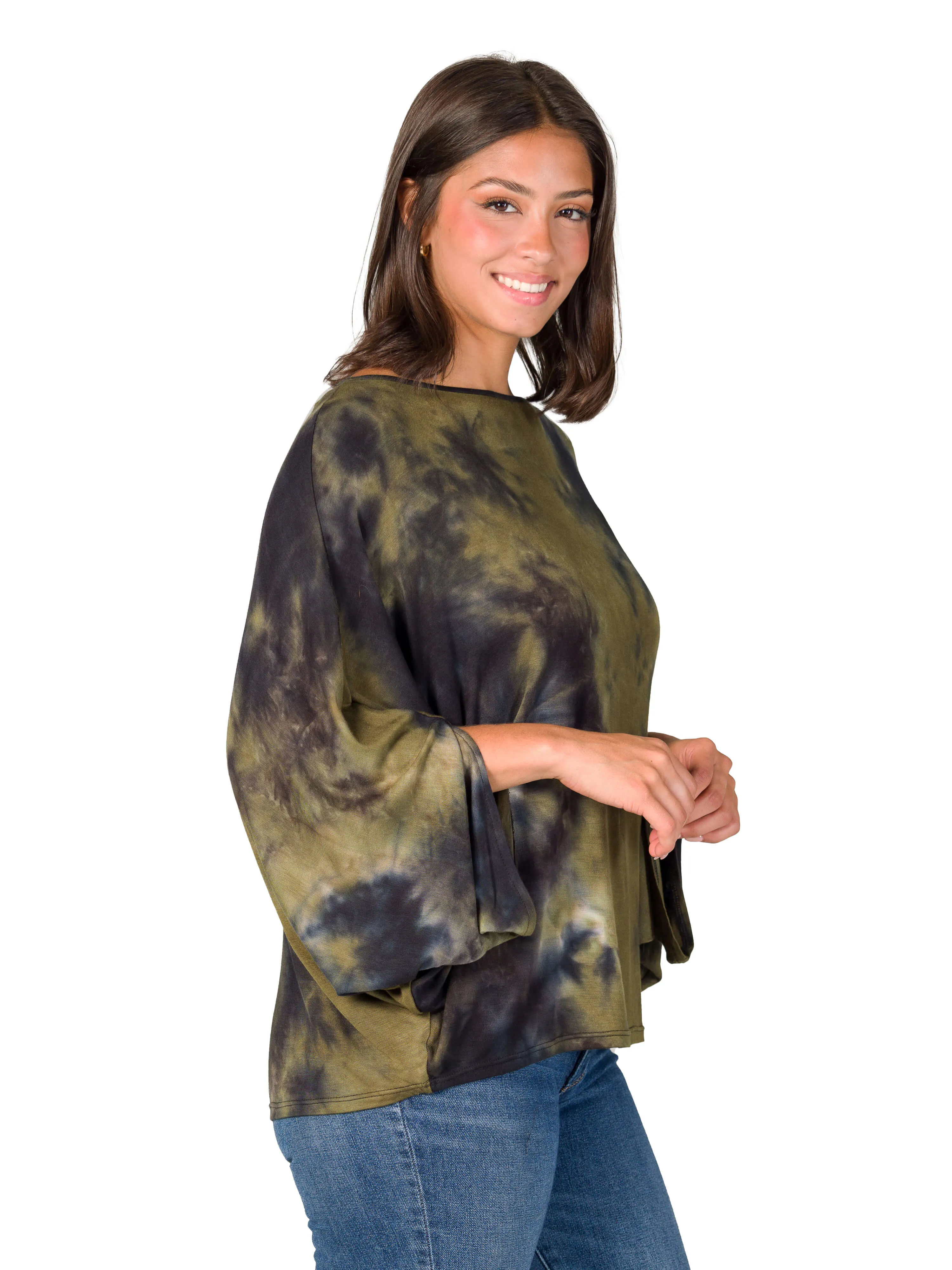 Green Tie Dye Batwing Sleeve Relaxed Fit Top