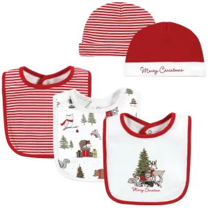 Hudson Baby Cotton Bib and Headband or Caps Set, Christmas Forest