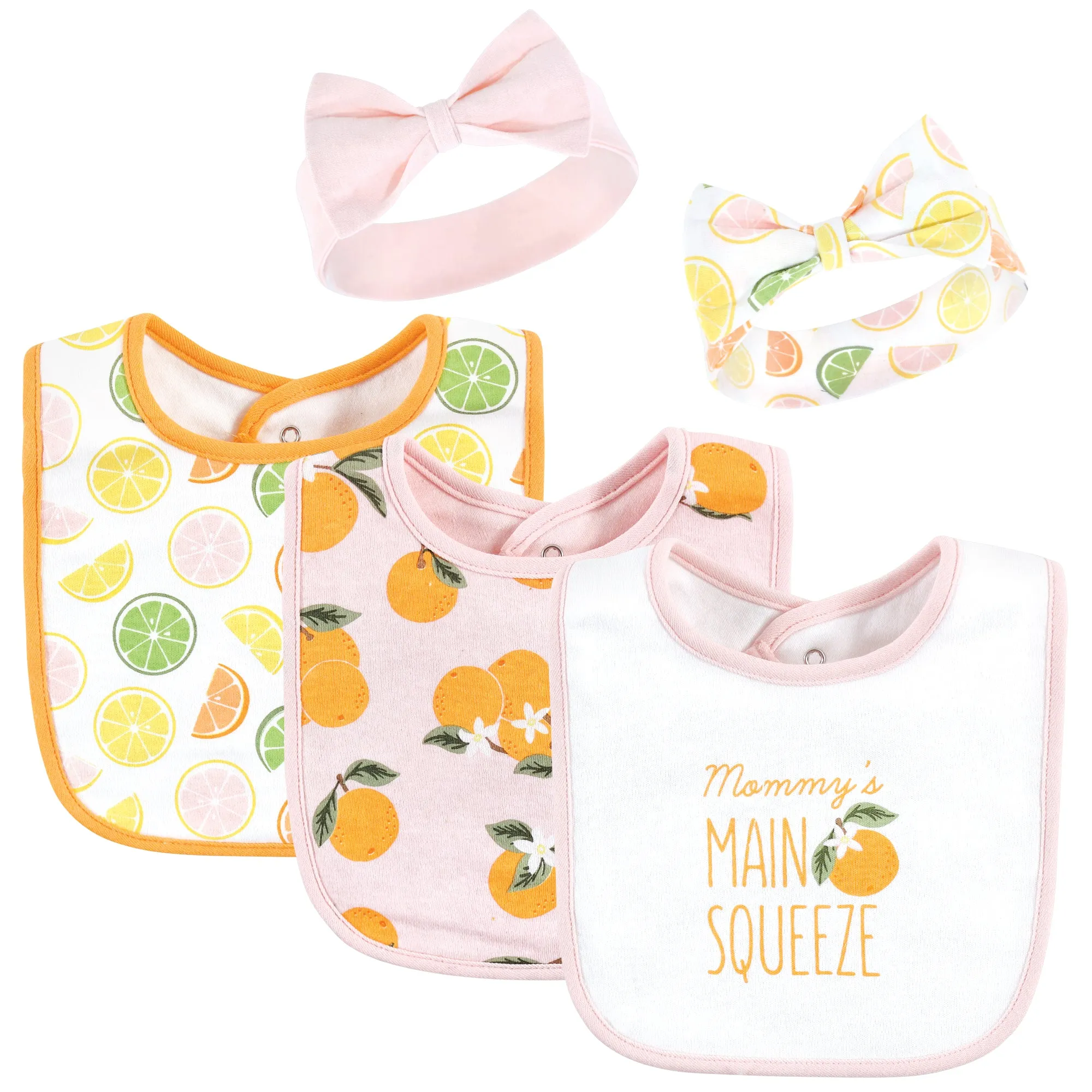 Hudson Baby Cotton Bib and Headband or Caps Set, Citrus Orange