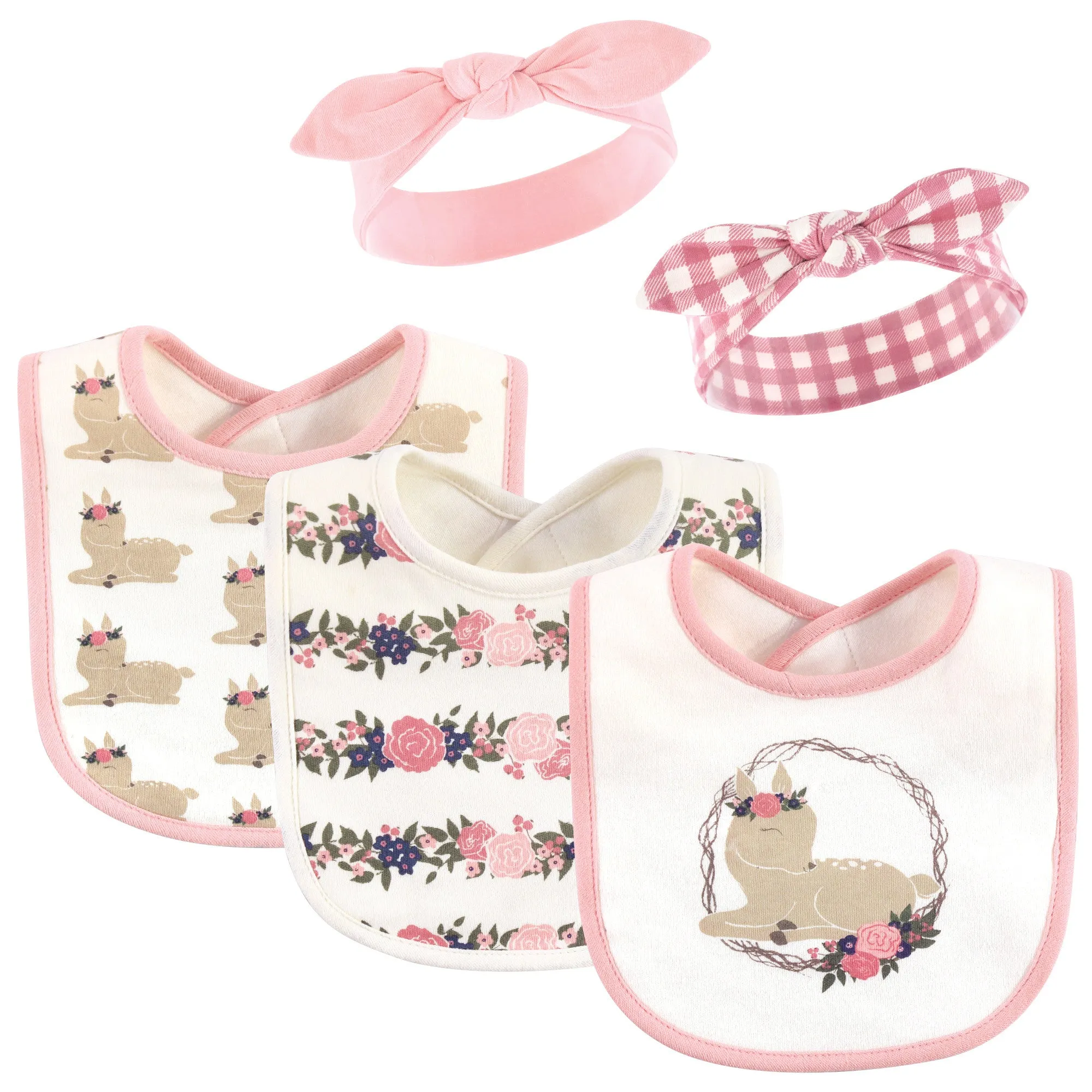 Hudson Baby Cotton Bib and Headband or Caps Set, Fawn