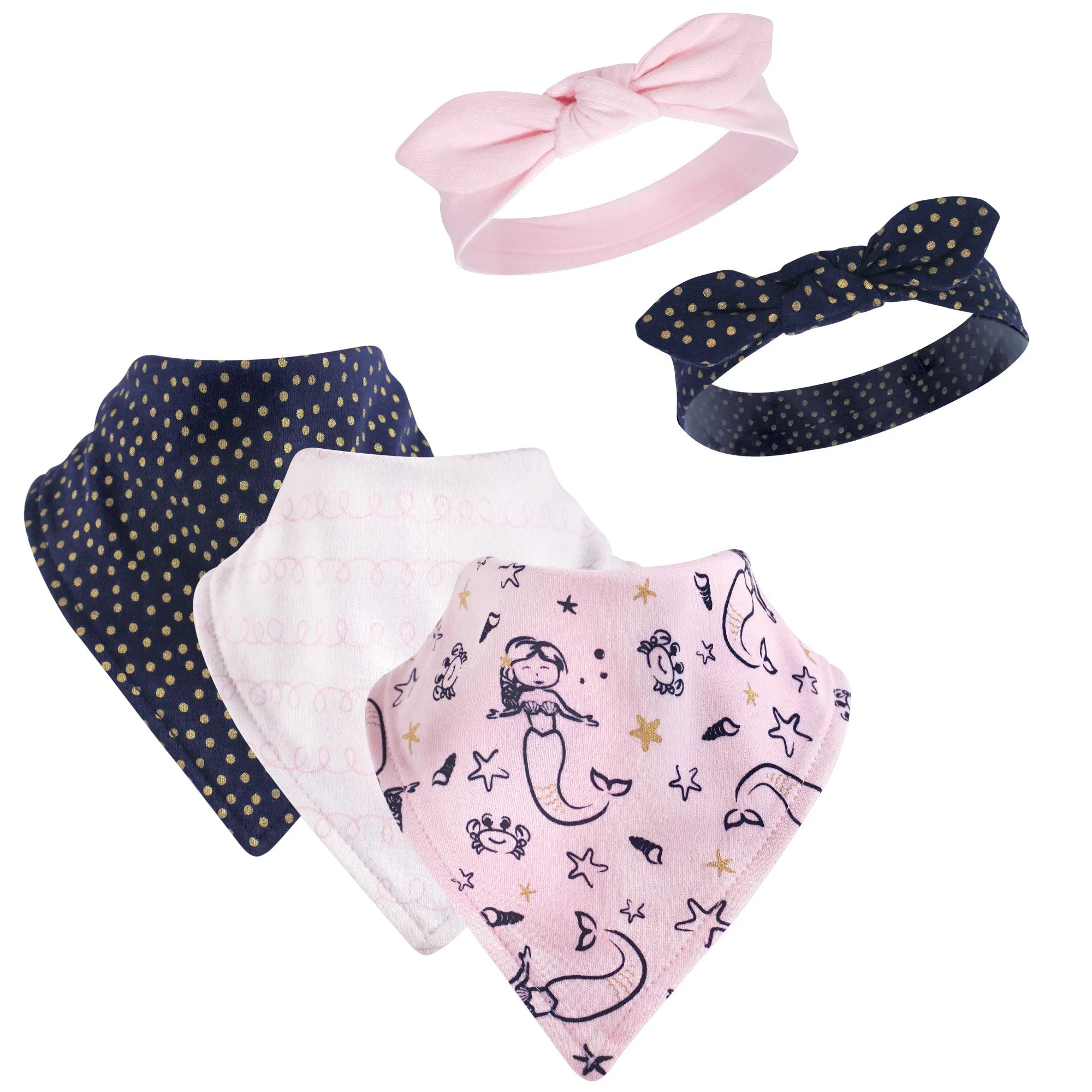 Hudson Baby Cotton Bib and Headband or Caps Set, Mermaid