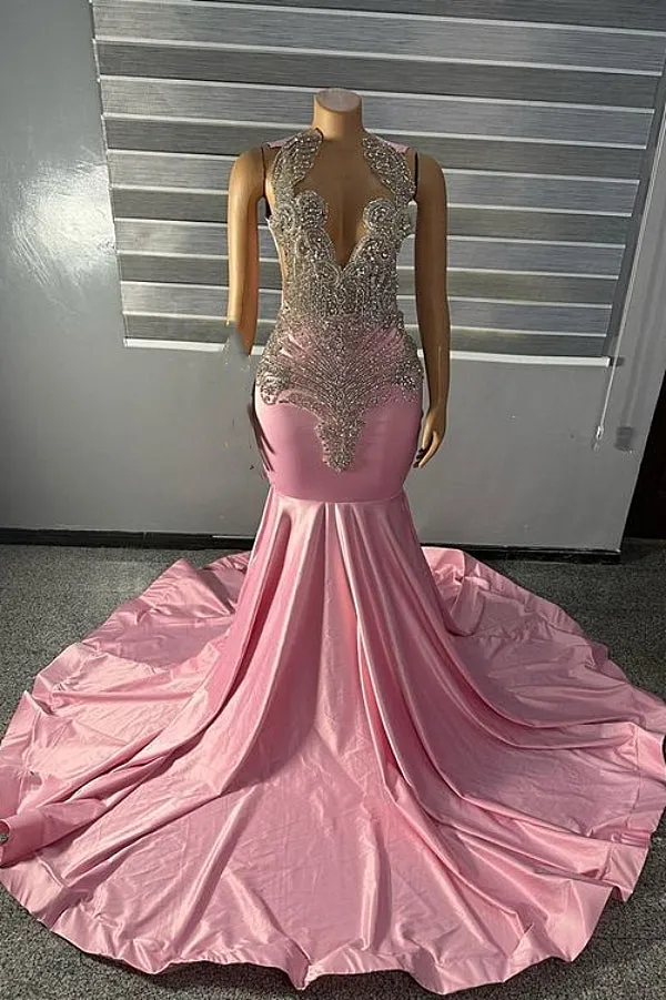 kamahe High neck Unique SIlver Beaded Pink Mermaid PRom Dresses