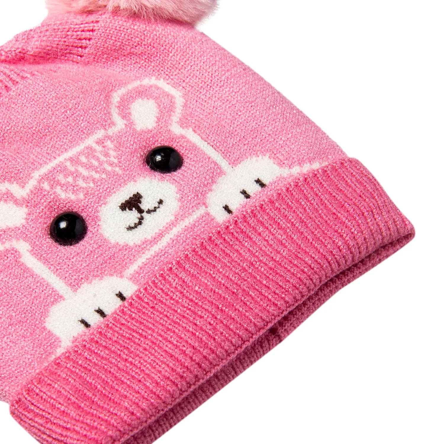 Knit Woollen Cap Pom Pom Bear Pink