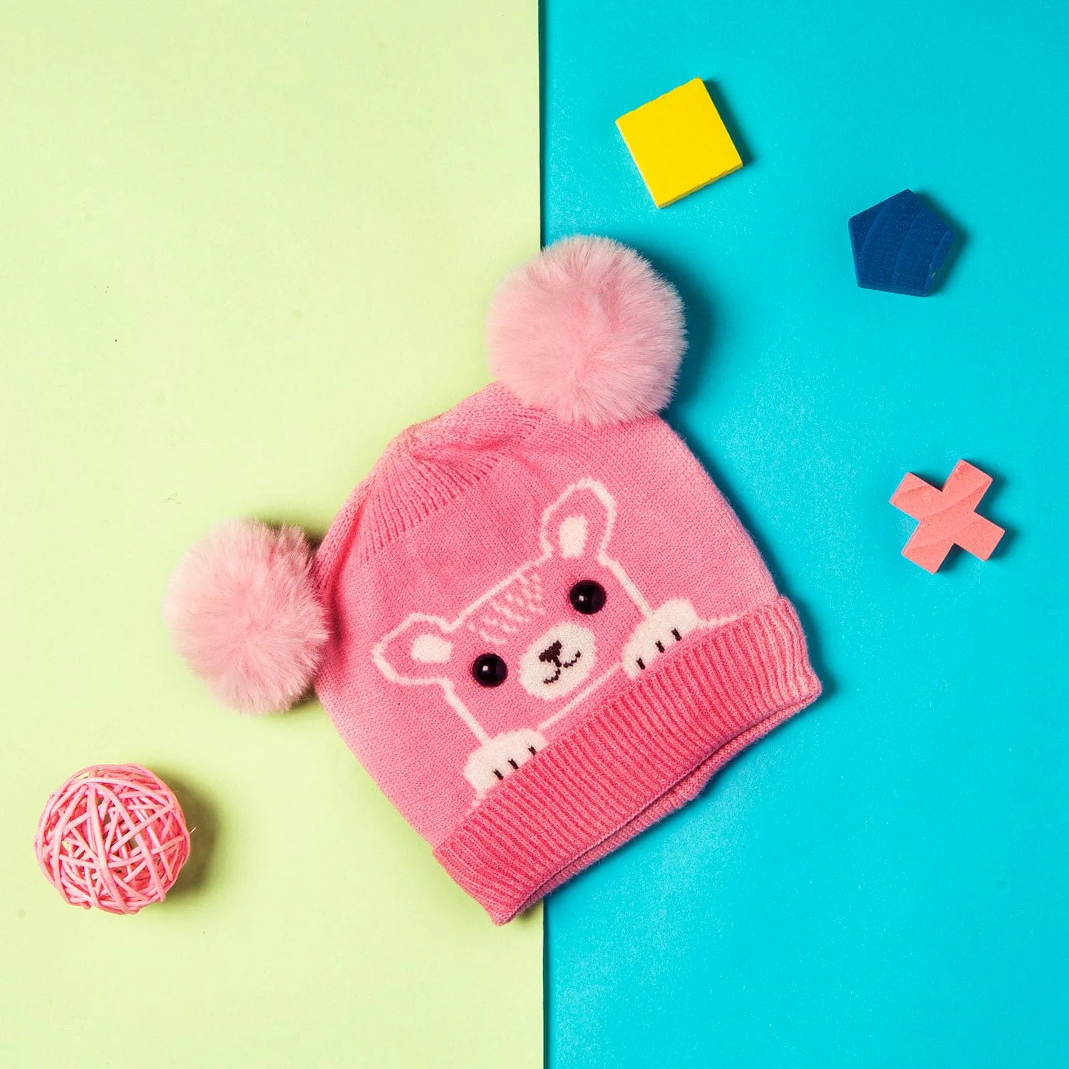 Knit Woollen Cap Pom Pom Bear Pink