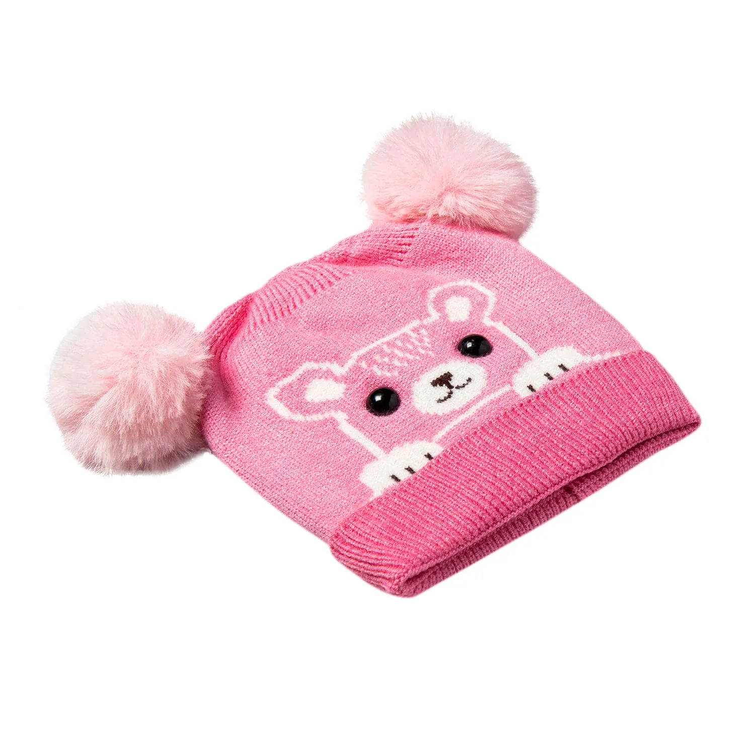 Knit Woollen Cap Pom Pom Bear Pink