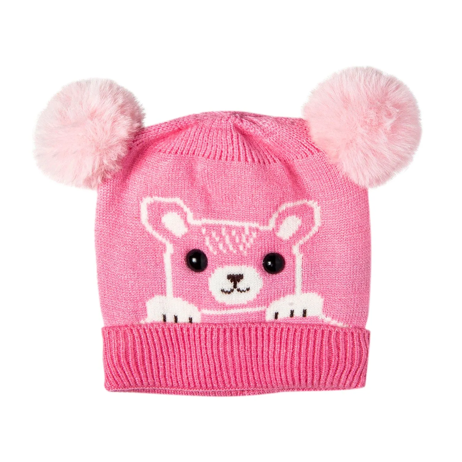 Knit Woollen Cap Pom Pom Bear Pink