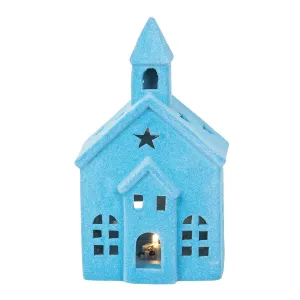 LED Flocked Blue Church Figurine