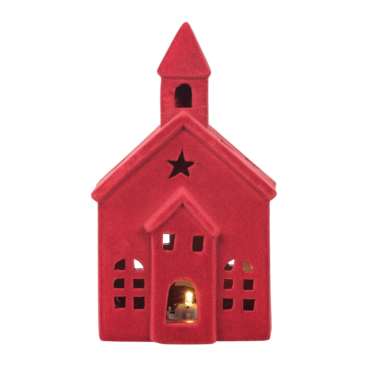 LED Flocked Red Church Figurine