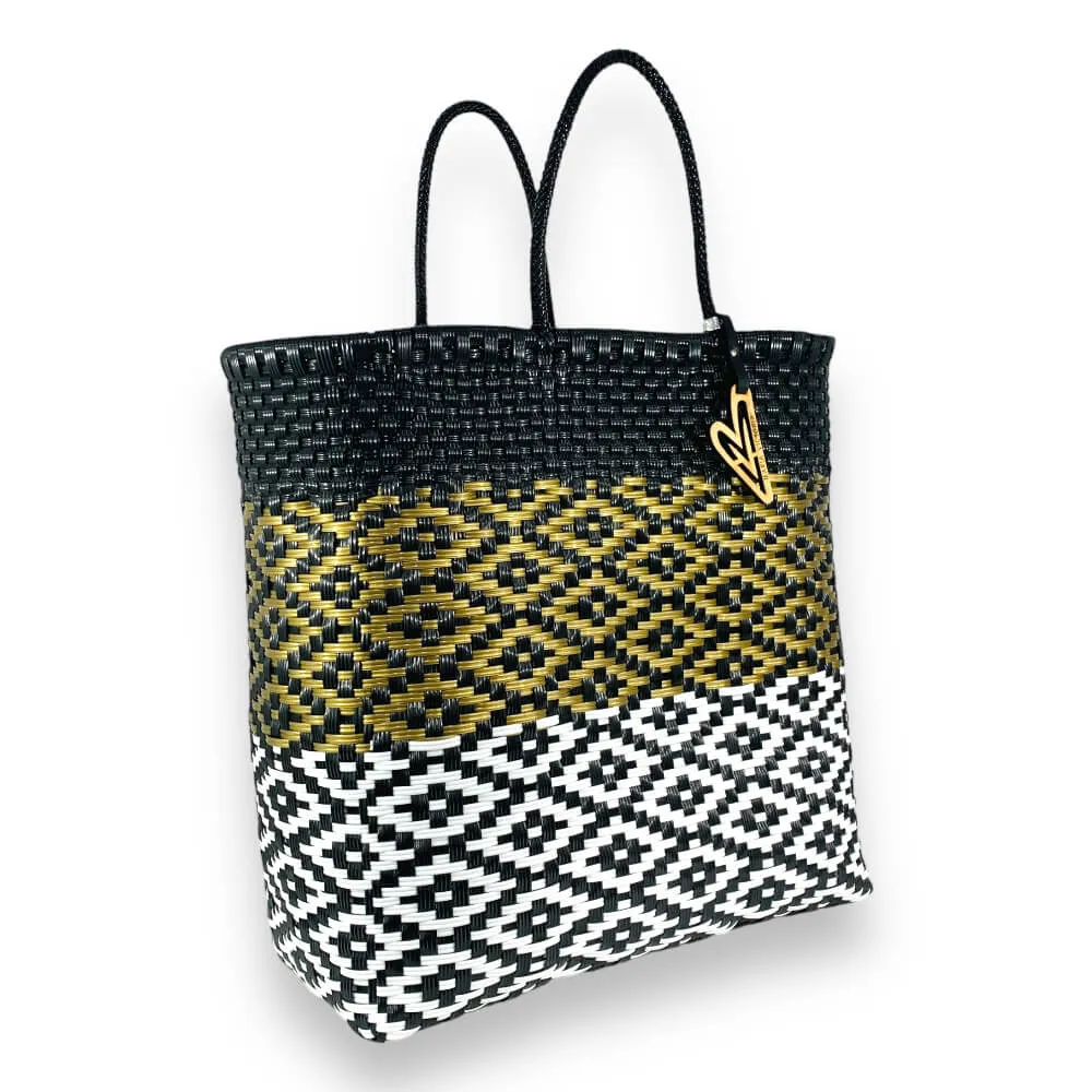 Maria Victoria | Palm Tote | Upcycled, Handwoven, Black/White/Gold Tote