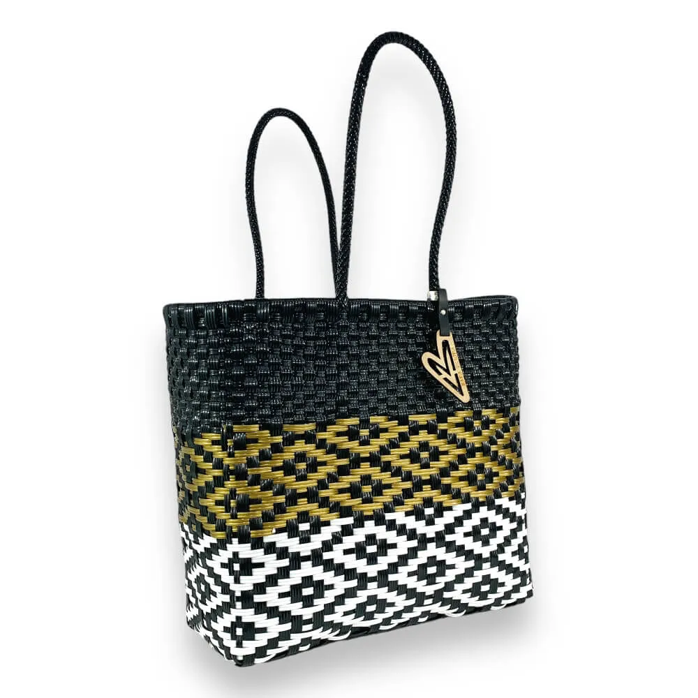 Maria Victoria | Palm Tote | Upcycled, Handwoven, Black/White/Gold Tote