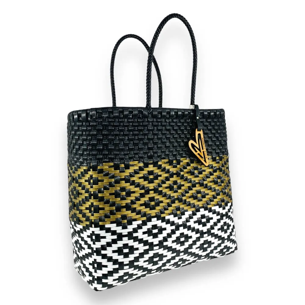 Maria Victoria | Palm Tote | Upcycled, Handwoven, Black/White/Gold Tote