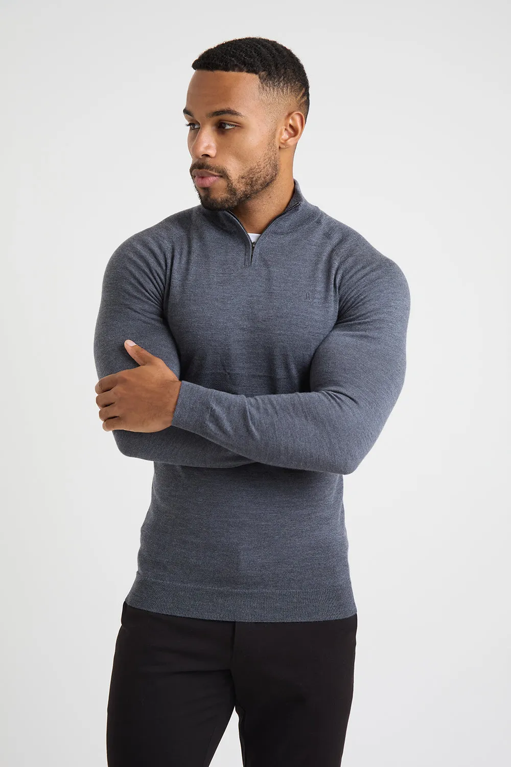 Merino Wool Half Zip Neck in Grey Marl