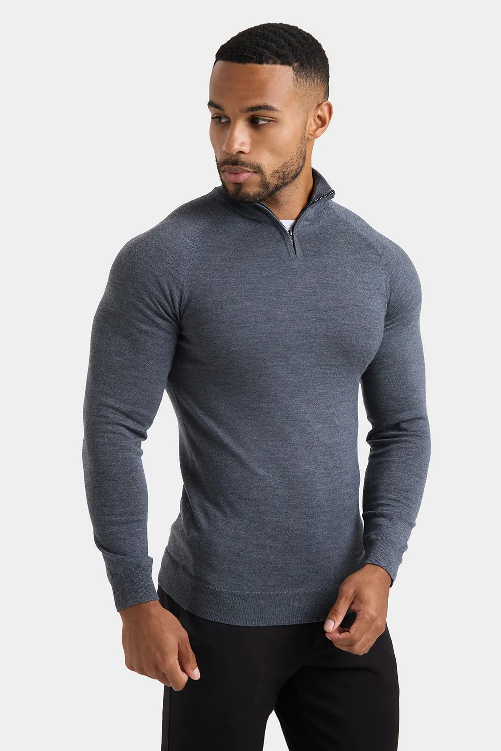 Merino Wool Half Zip Neck in Grey Marl