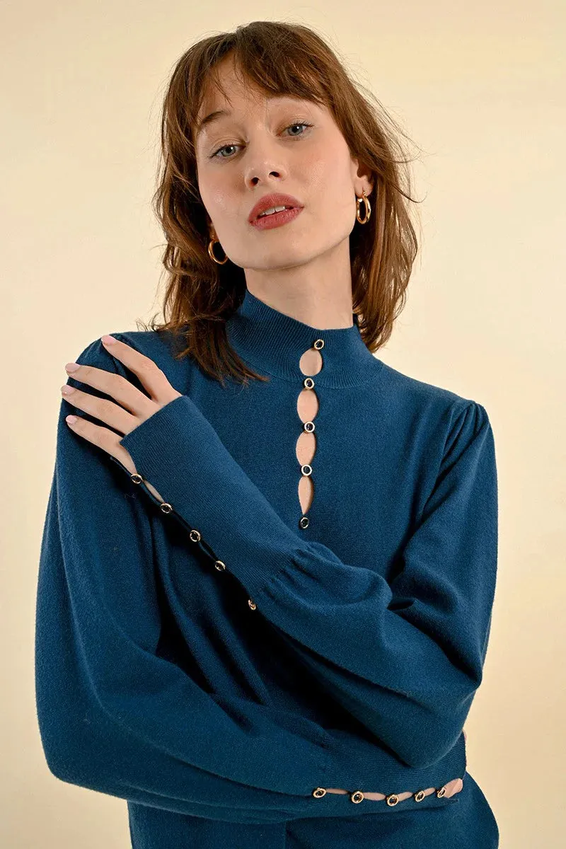 Molly Bracken Petrol Blue Knit Top with Gold Buttons