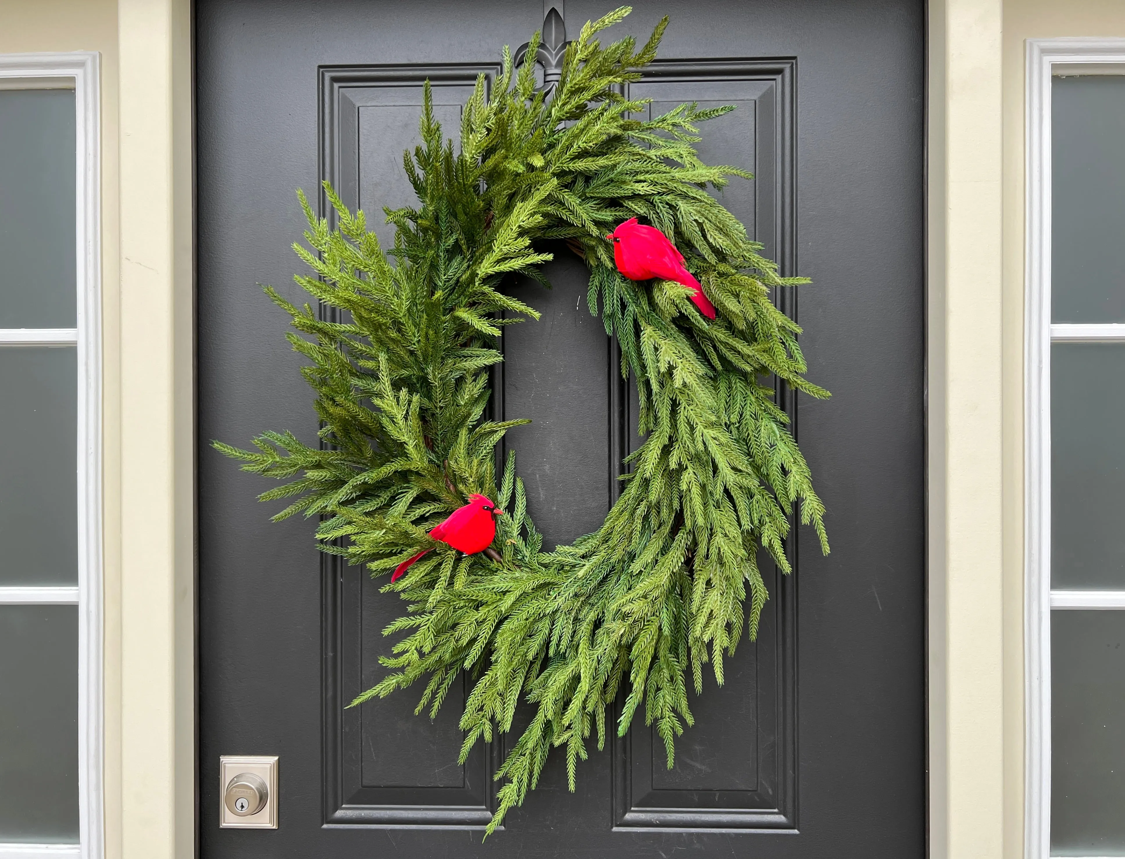 Natural Touch Norfolk Pine Wreath with Red Cardinals