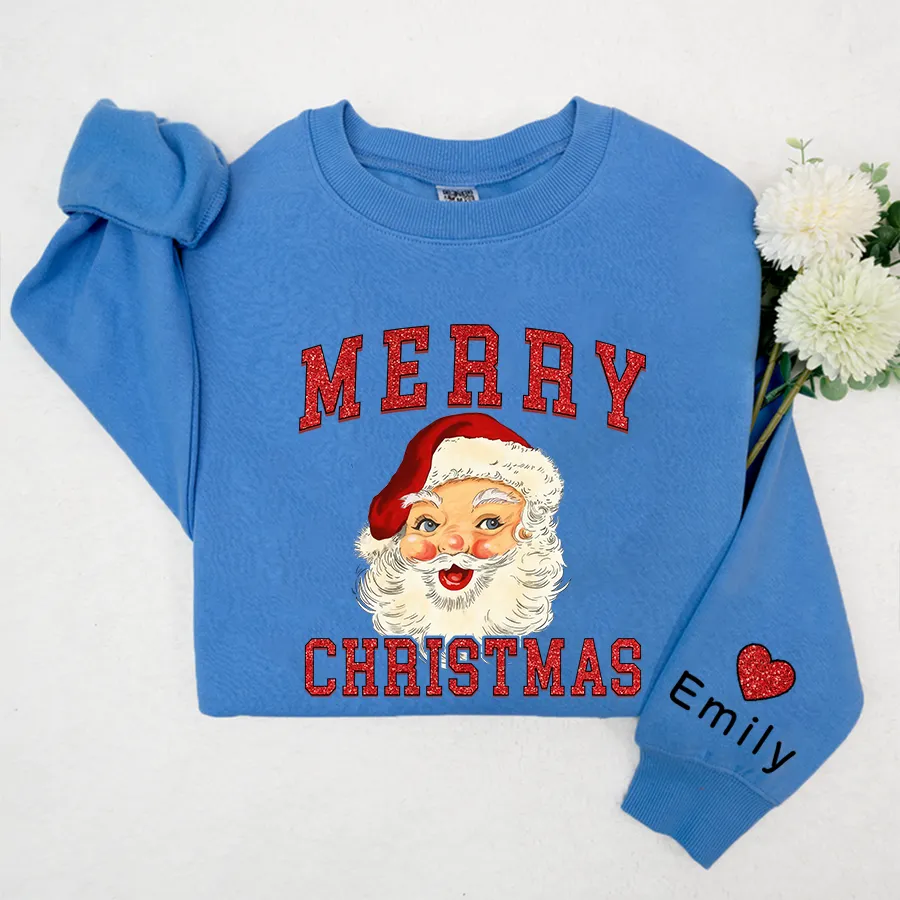 Personalized Merry Christmas Shirt, Retro Santa Shirt, Glitter Sweatshirt