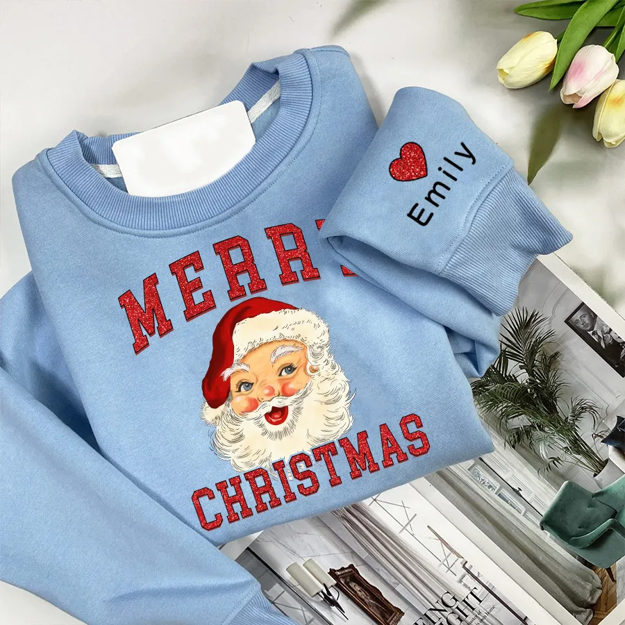 Personalized Merry Christmas Shirt, Retro Santa Shirt, Glitter Sweatshirt